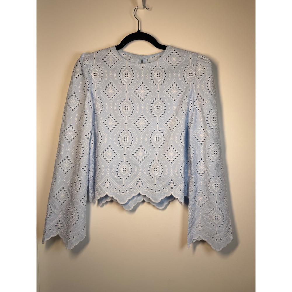 SHEIN Eyelet Lace Top Womens M Light Blue New Scalloped Hem Long Sleeve Blouse
